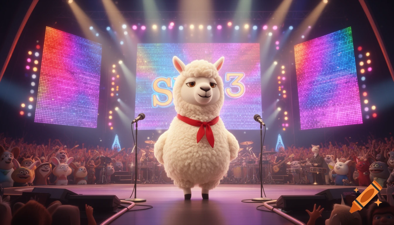 A fluffy white alpaca with a red scarf stands on a concert stage with "Sing 3" on LED screens, facing a cheering audience of animated animals, in a 3D animated movie style.