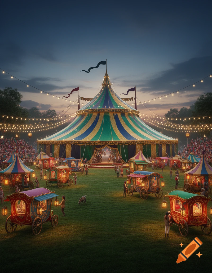 A fantastical night scene with a brightly lit, striped big top circus tent surrounded by ornate, illuminated wagons and small figures.