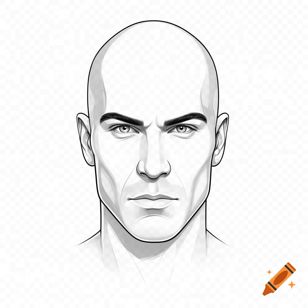 Line art illustration of a bald man's face with a stern expression, on a transparent background.