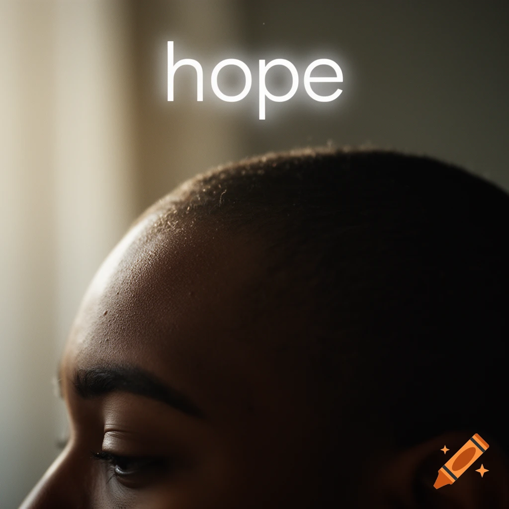 Close-up, dimly lit, side profile of a person's head with the word "hope" glowing above. Photorealistic style.