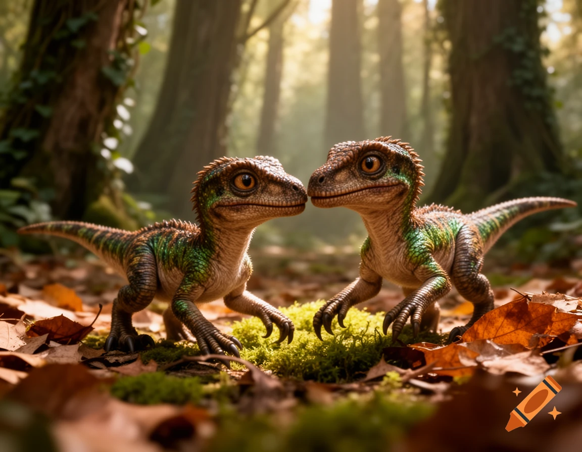 Two cute, realistic baby velociraptors stand on a mossy forest floor surrounded by autumn leaves and trees.
