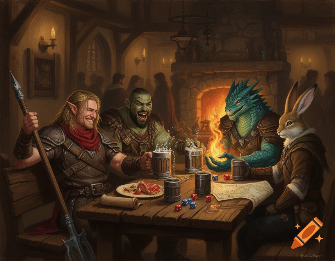 A richly detailed fantasy painting of an elf, orc, dragonborn, and rabbit-humanoid laughing and drinking in a warm, candlelit tavern.