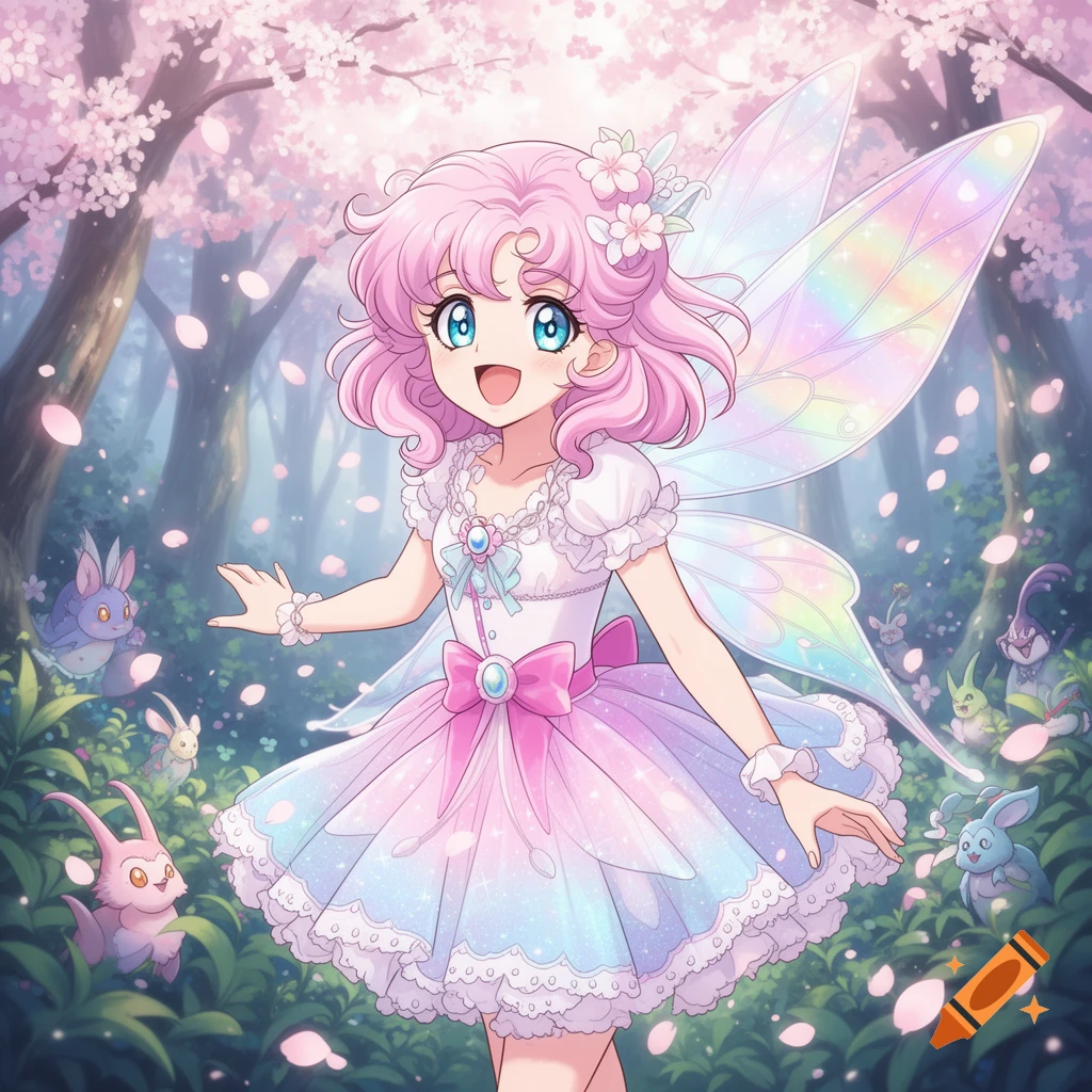 A happy anime fairy girl with pink curly hair, blue eyes, and shimmering wings, wearing a pastel rainbow dress in a magical cherry blossom forest with cute creatures.