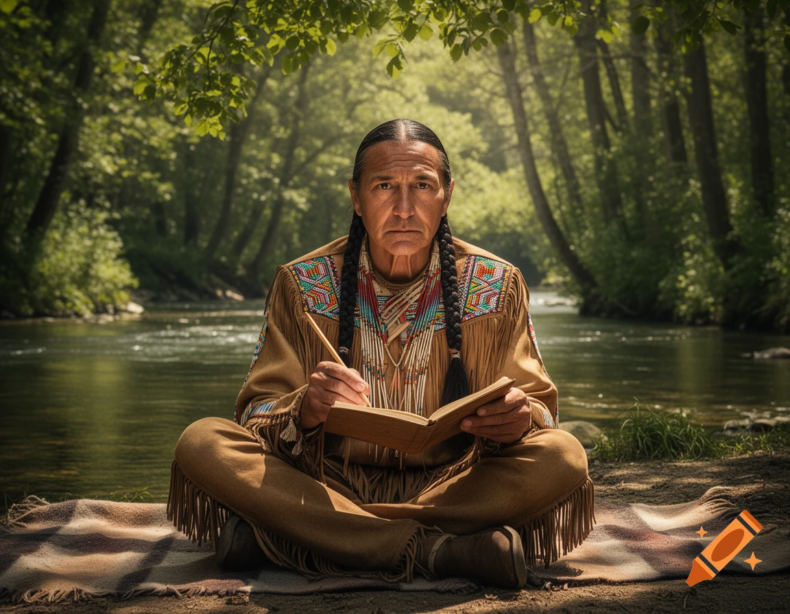 A Native American man in traditional attire with braided hair sits cross-legged on a blanket by a river, writing in a book. He looks directly at the viewer. Photorealistic style.