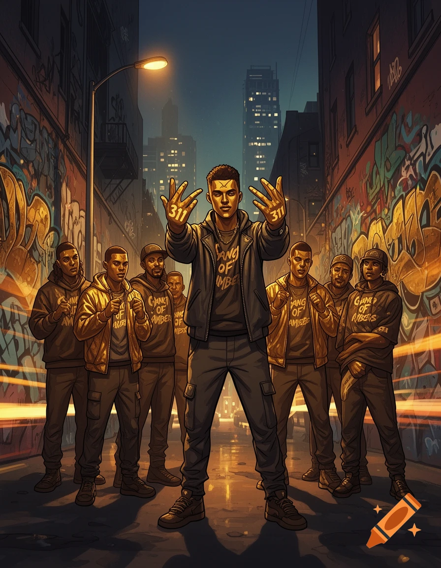 A stylized drawing of a group of men in an urban alley at night, with graffiti-covered walls. The central figure makes hand gestures showing '311'.