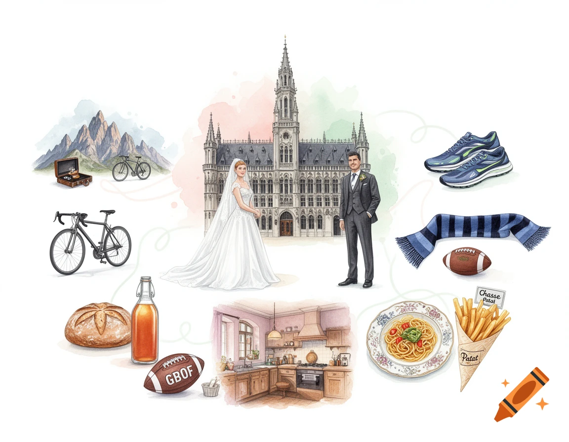 Watercolor collage featuring a wedding couple in front of Ghent Town Hall, surrounded by vignettes of mountains, bikes, food, and sports gear.