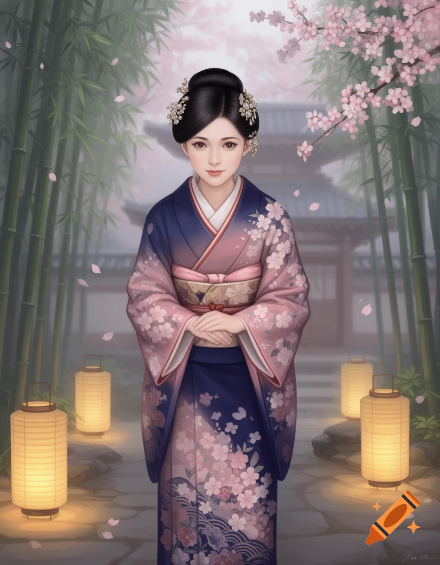 Illustration of a young Japanese woman in a pink and blue floral kimono, standing amidst bamboo, lanterns, and cherry blossoms.
