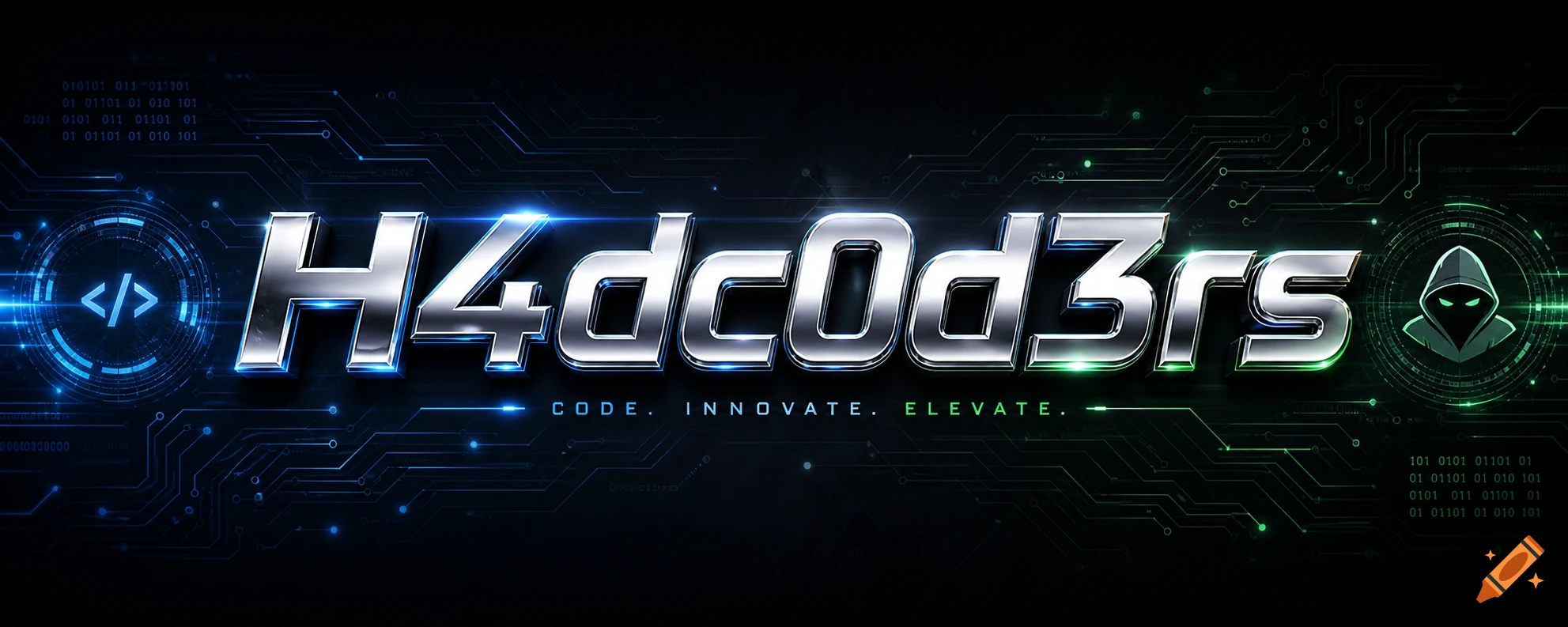 A metallic chrome 'H4dc0d3rs' logo with 'CODE. INNOVATE. ELEVATE.' on a dark background with blue and green circuit board patterns and a hooded hacker icon.