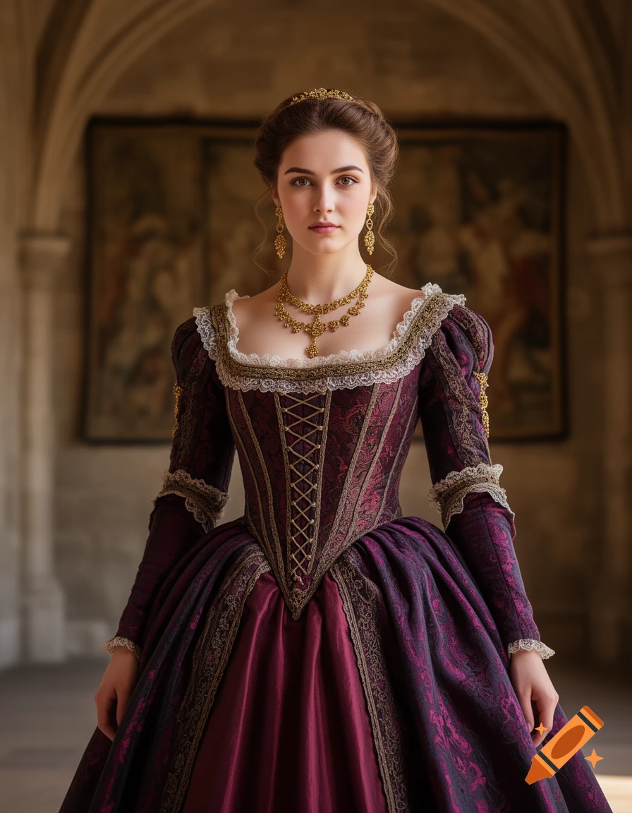 A photorealistic portrait of a young woman in an elaborate burgundy Renaissance gown with gold jewelry, standing in a castle corridor.