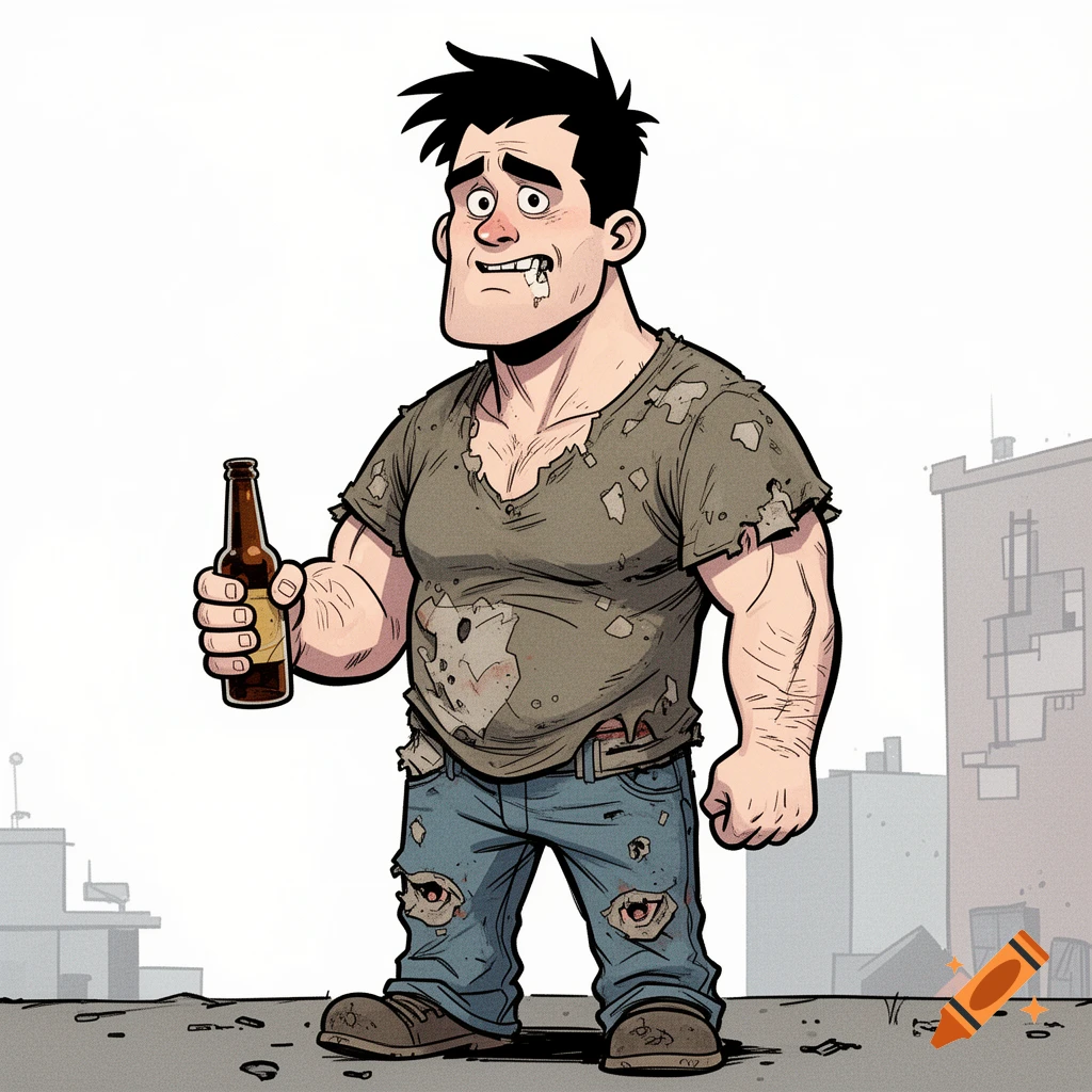 A cartoon man with messy black hair, a missing front tooth, and torn clothes holds a beer bottle, looking disheveled.