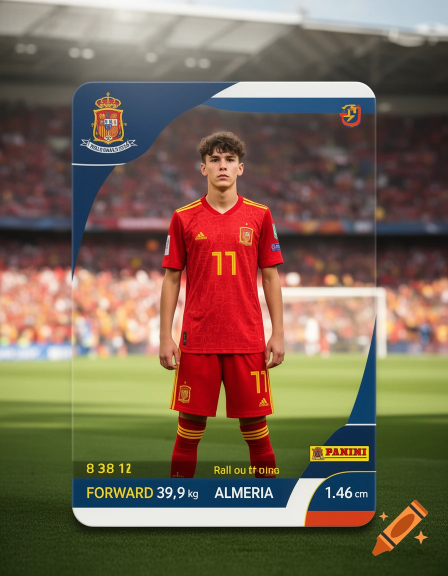 A stylized Panini-like soccer trading card featuring a young male player in a red Spanish national team uniform standing on a stadium field.