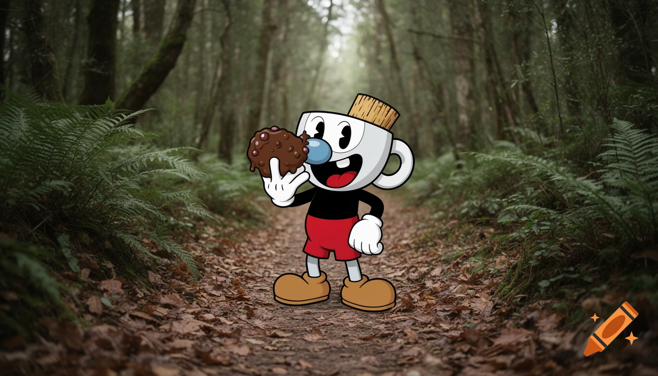 A cartoon character resembling Cuphead stands on a forest path, holding a chocolate-like muffin to his face.