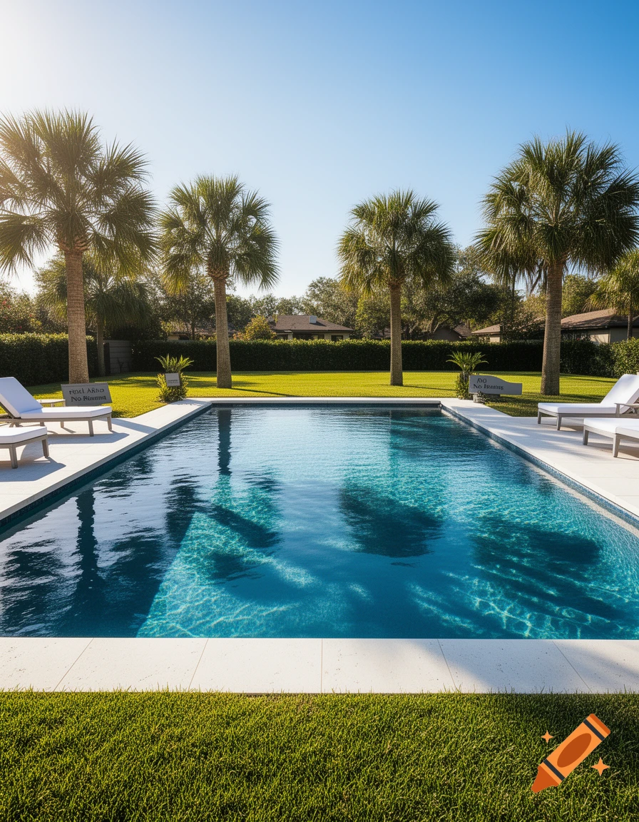 A photorealistic image of a sparkling blue swimming pool surrounded by green grass and white paving, with palm trees under a clear sky.