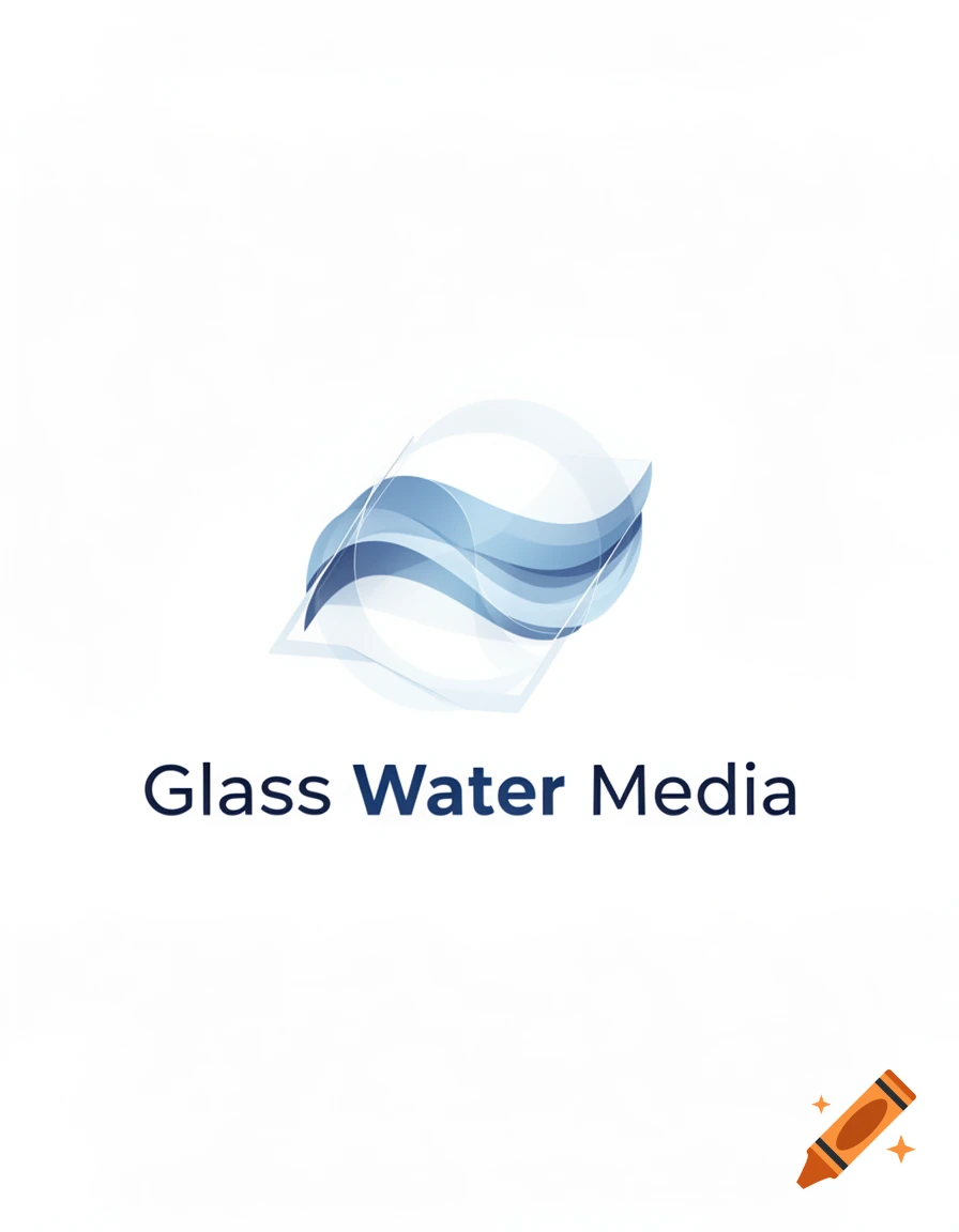 A logo featuring abstract blue waves and the text 'Glass Water Media' on a white background.