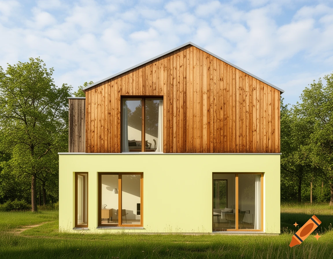 A modern house with a light yellow first floor and a wooden second floor, set amidst green trees and grass under a blue sky.