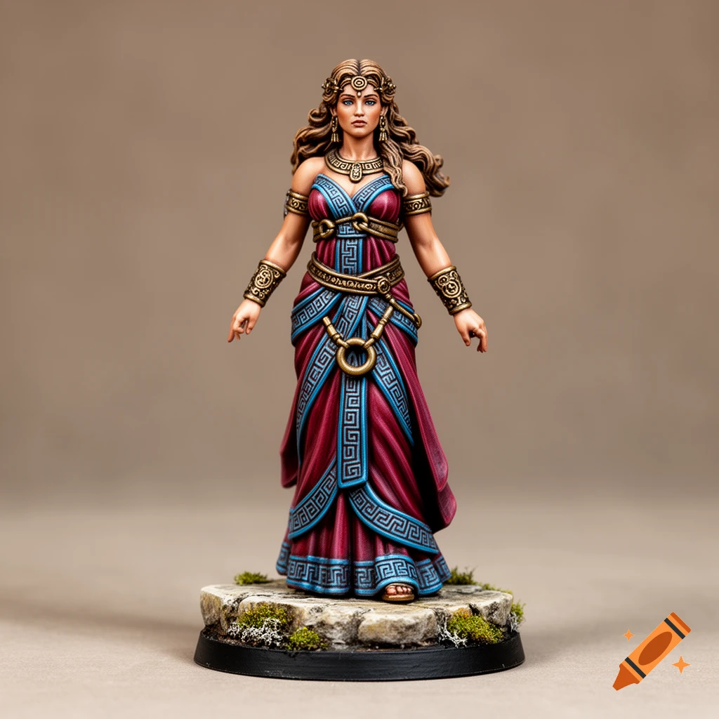A detailed tabletop miniature of a Minoan woman priestess in a red and blue dress with Greek key patterns and gold jewelry, standing on a rocky base.