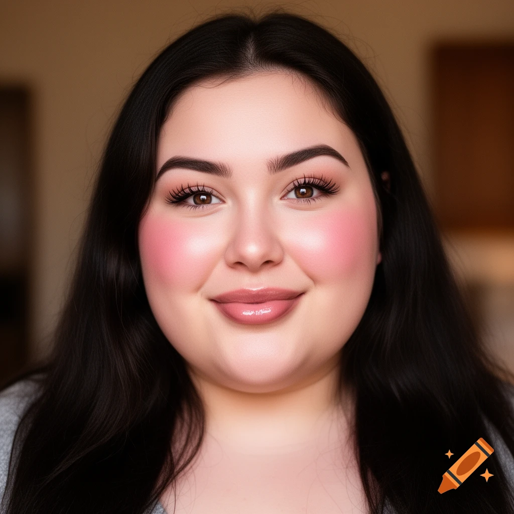 A young woman with long dark hair, brown eyes, rosy cheeks, and glossy lips smiles at the camera.