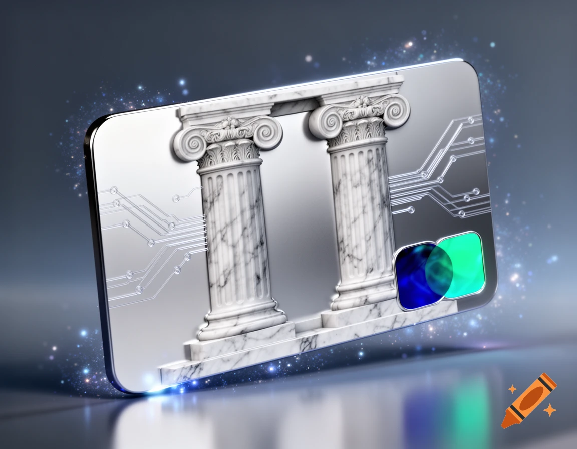 A sleek silver credit card featuring two white marble ancient Greek columns, circuit board patterns, and glowing blue accents.