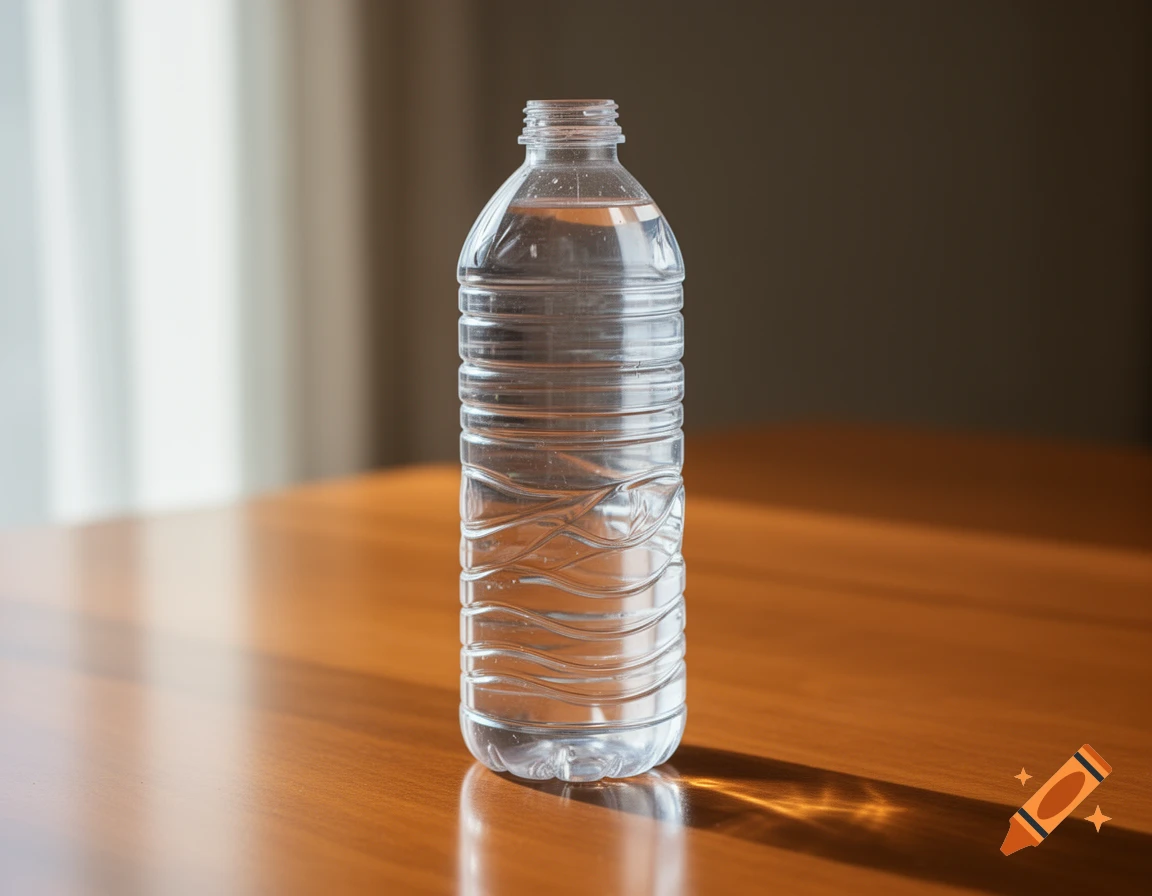 A clear plastic water bottle filled with water sits on a glossy wooden table, reflecting light and casting shadows.