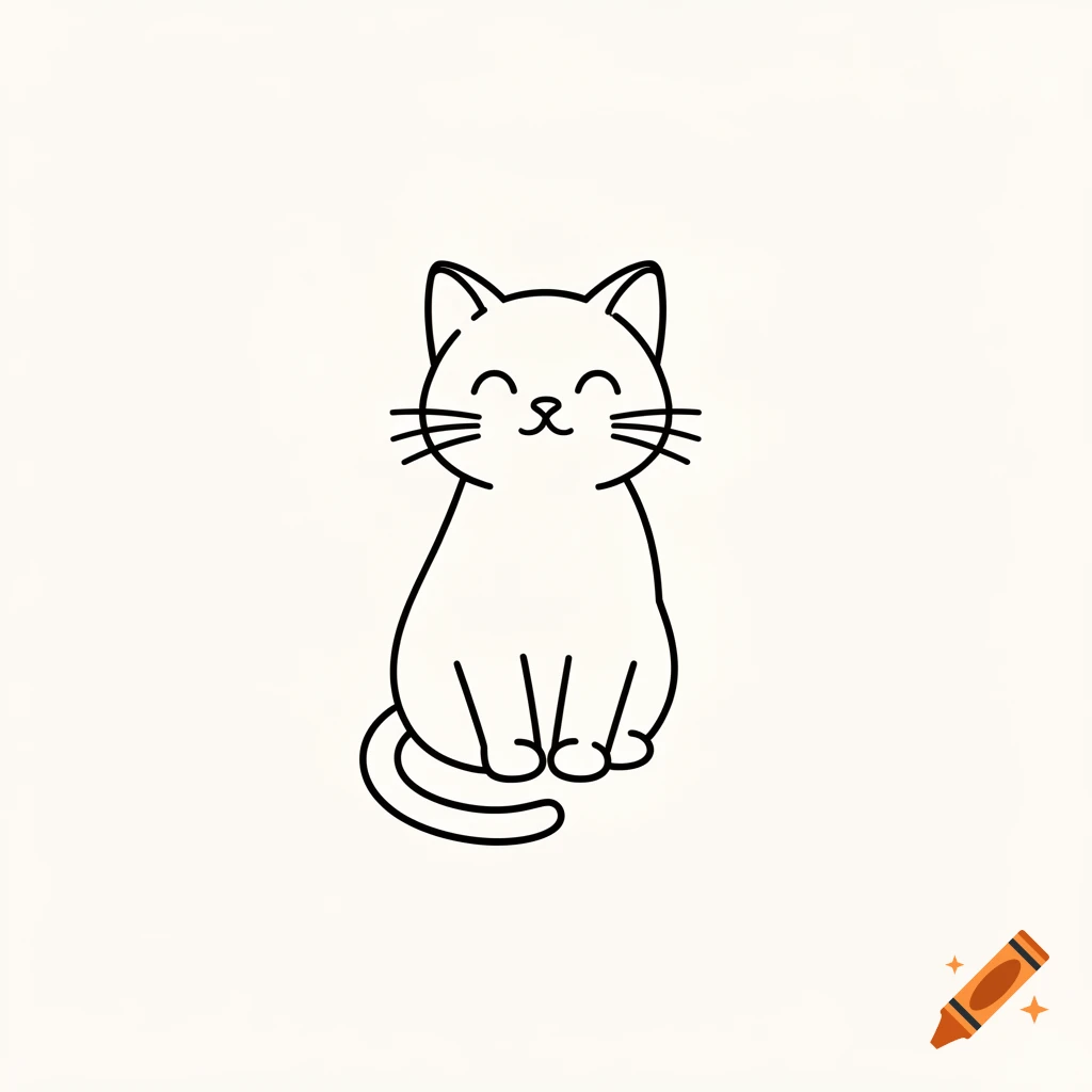 A minimalist black outline drawing of a happy, sitting cat on a light background.