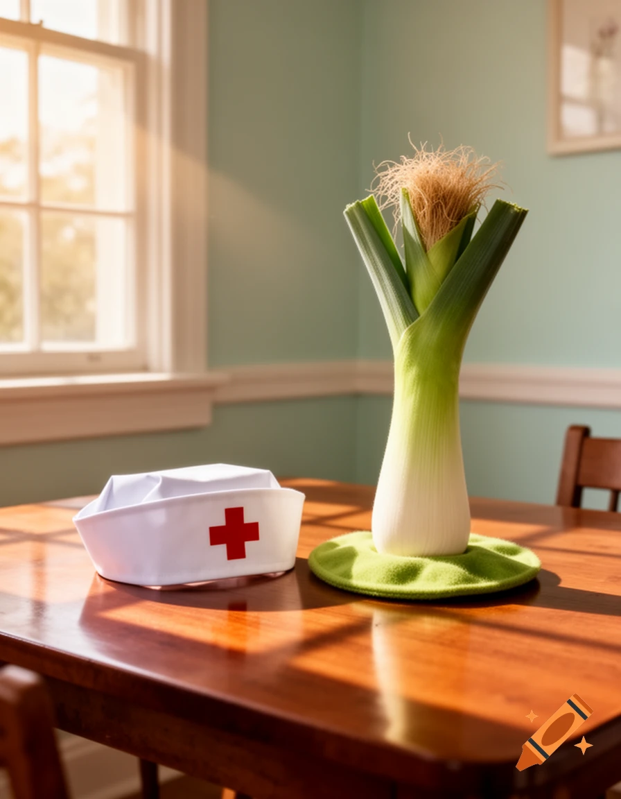A white nurse's cap with a red cross next to a leek standing upright on a wooden table, lit by sunlight.