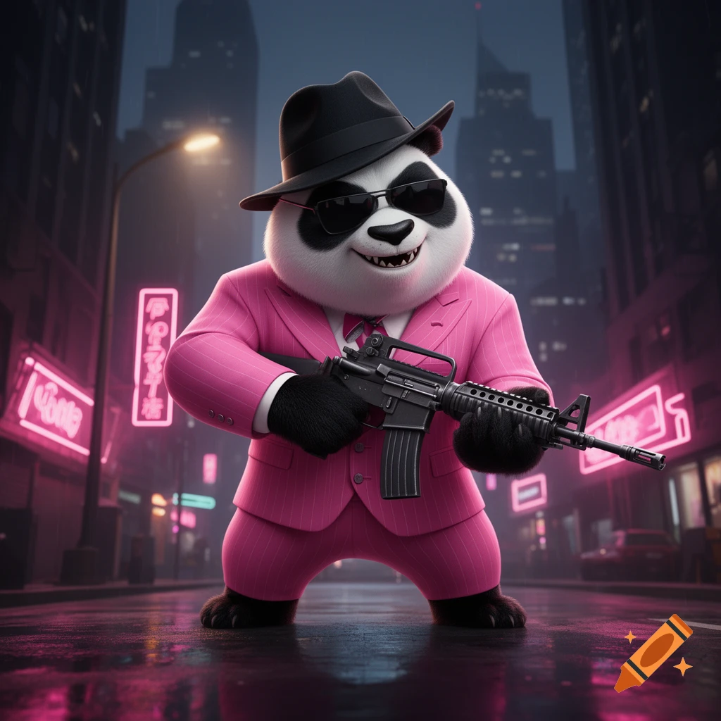 A cartoon panda in a pink pinstripe suit, black fedora, and sunglasses holds a rifle on a neon-lit city street at night.