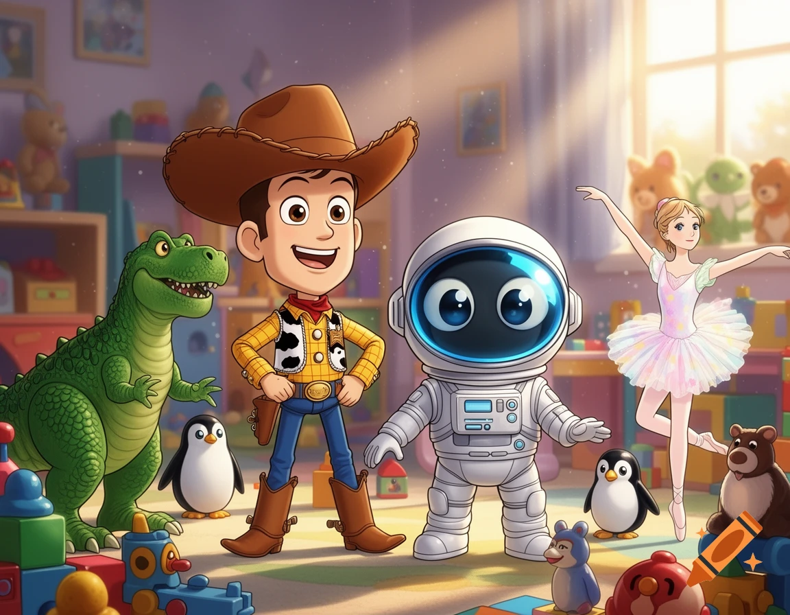 A stylized image of a cowboy, a dinosaur, an astronaut robot, and a ballerina surrounded by toys in a brightly lit room.