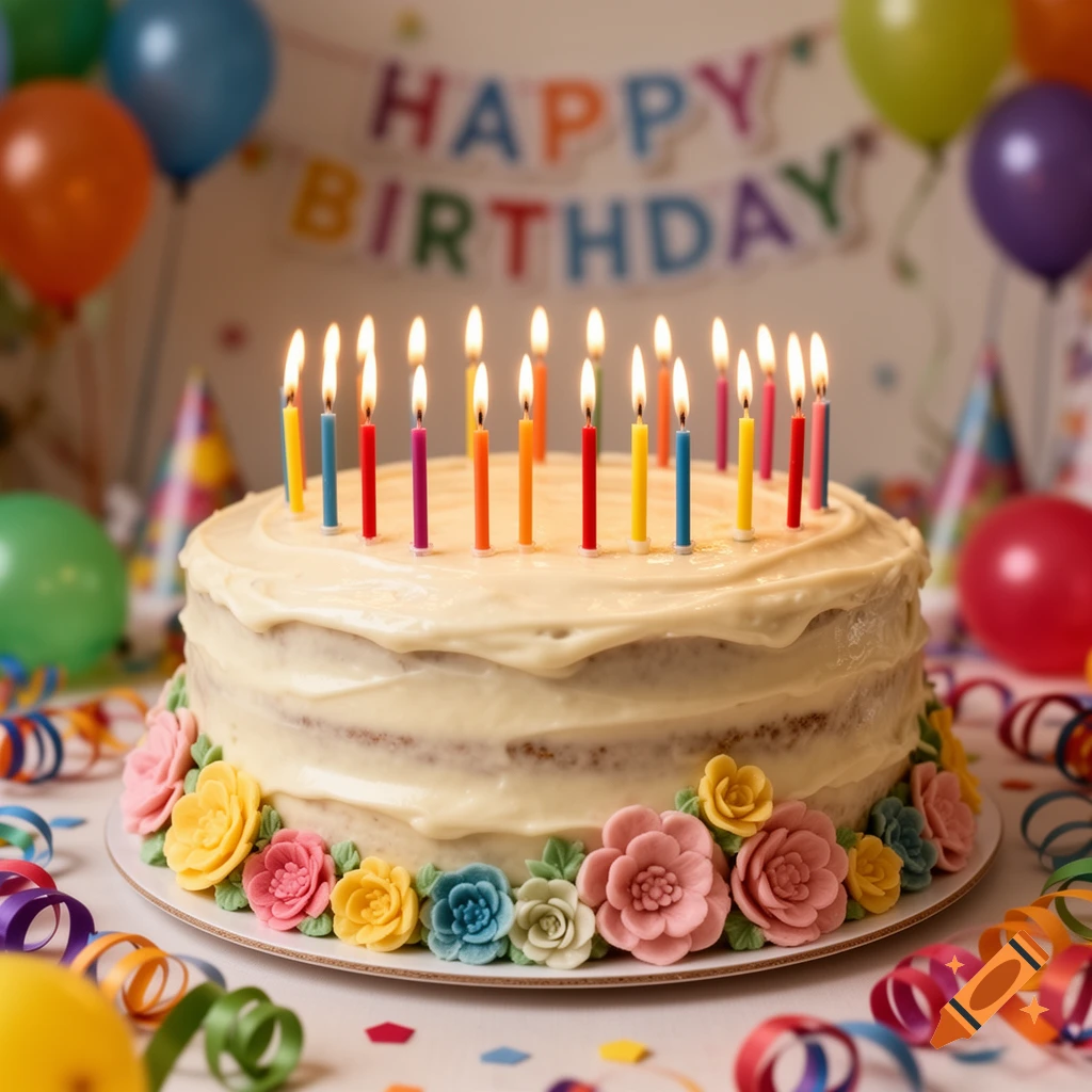 A beautifully decorated birthday cake with colorful lit candles and floral icing, surrounded by balloons and confetti.