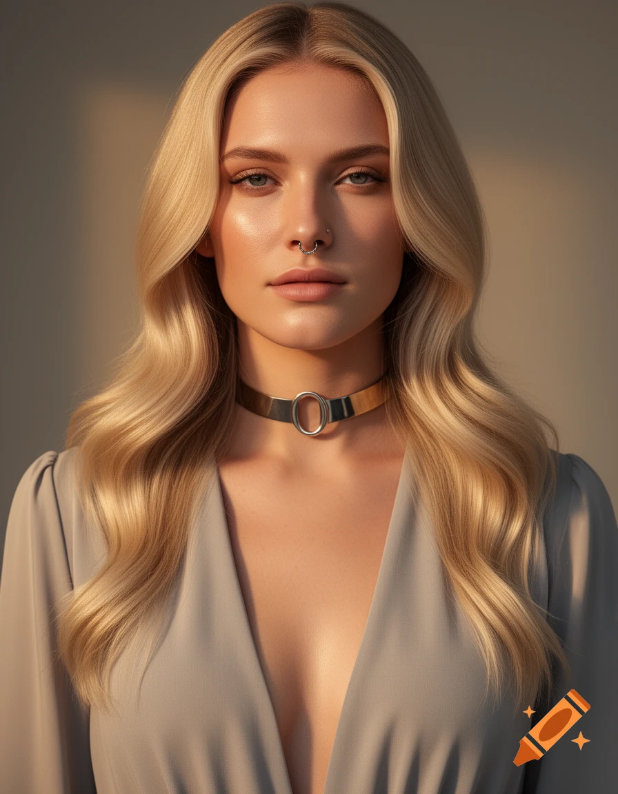 Photorealistic portrait of a blonde woman with a nose ring and a silver O-ring choker, wearing a grey deep v-neck top.