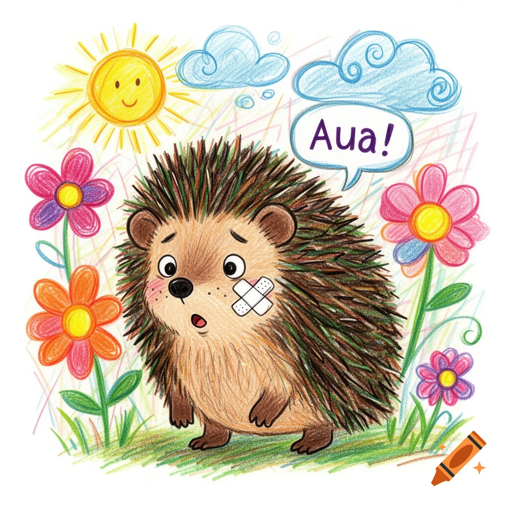 Crayon drawing of a sad hedgehog with a band-aid, surrounded by sun, clouds, and flowers, with a speech bubble saying "Aua!"