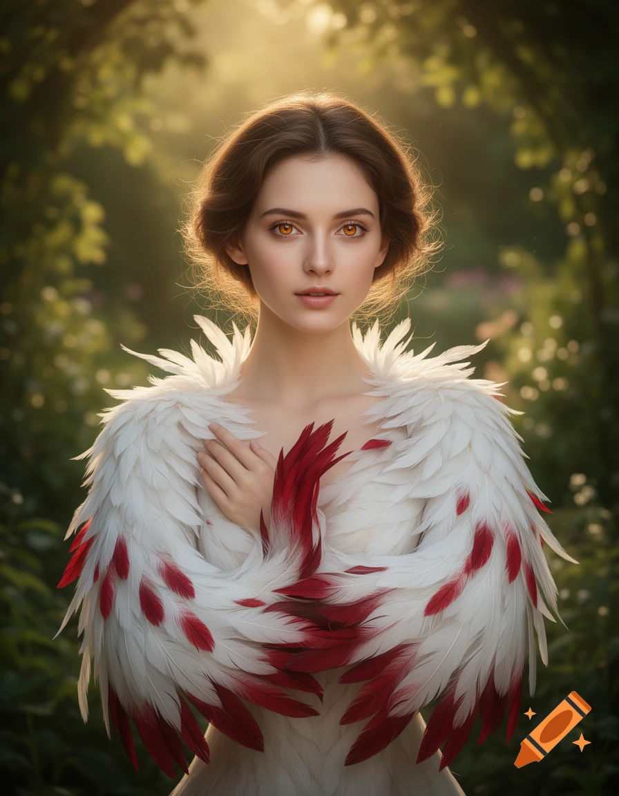 A beautiful woman with warm orange eyes and hair pulled back, wearing a white feathery garment with crimson tips, in a sunlit forest.