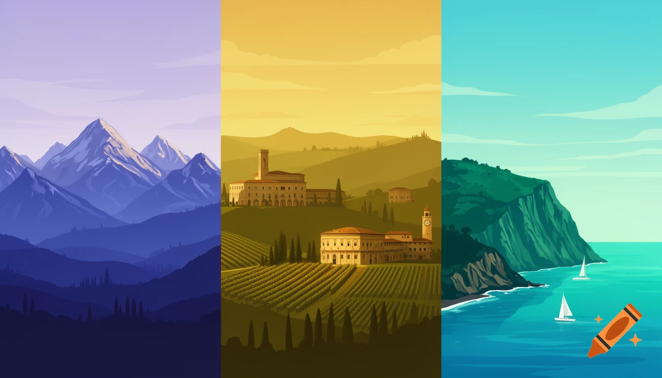 Flat vector illustration of a panoramic landscape divided into three zones: blue mountains, green hills with vineyards and buildings, and a teal sea with cliffs and sailboats.