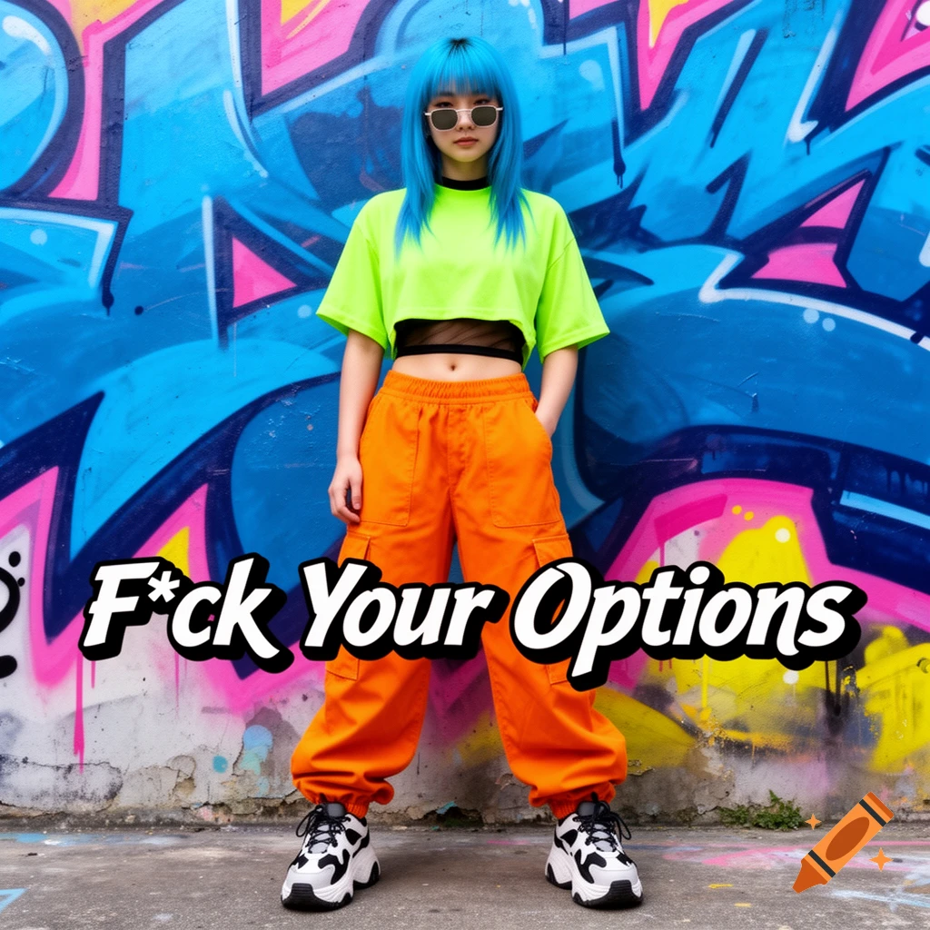 A person with bright blue hair, sunglasses, a neon green crop top, and orange cargo pants stands against a vibrant graffiti-covered wall, with "F*ck Your Options" text below.