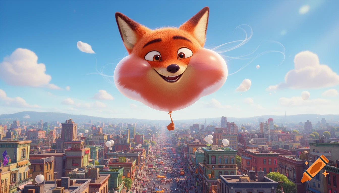 A cartoon fox character, inflated like a large balloon with puffed cheeks, smiles as it floats high above a bustling city.