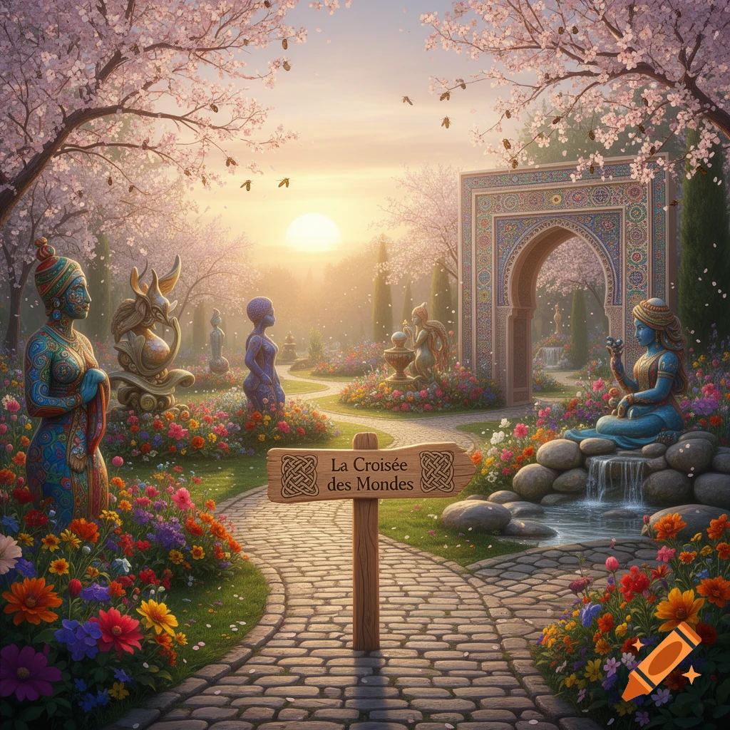 A vibrant, dreamlike garden with cherry blossoms, colorful flowers, and stylized statues. A sign "La Croisée des Mondes" on a stone path.