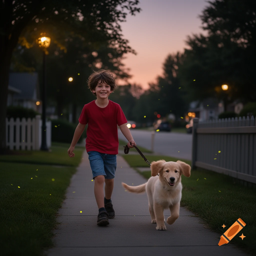 A smiling boy in a red shirt walks a golden retriever puppy on a leash on a sidewalk at dusk, with streetlights glowing.