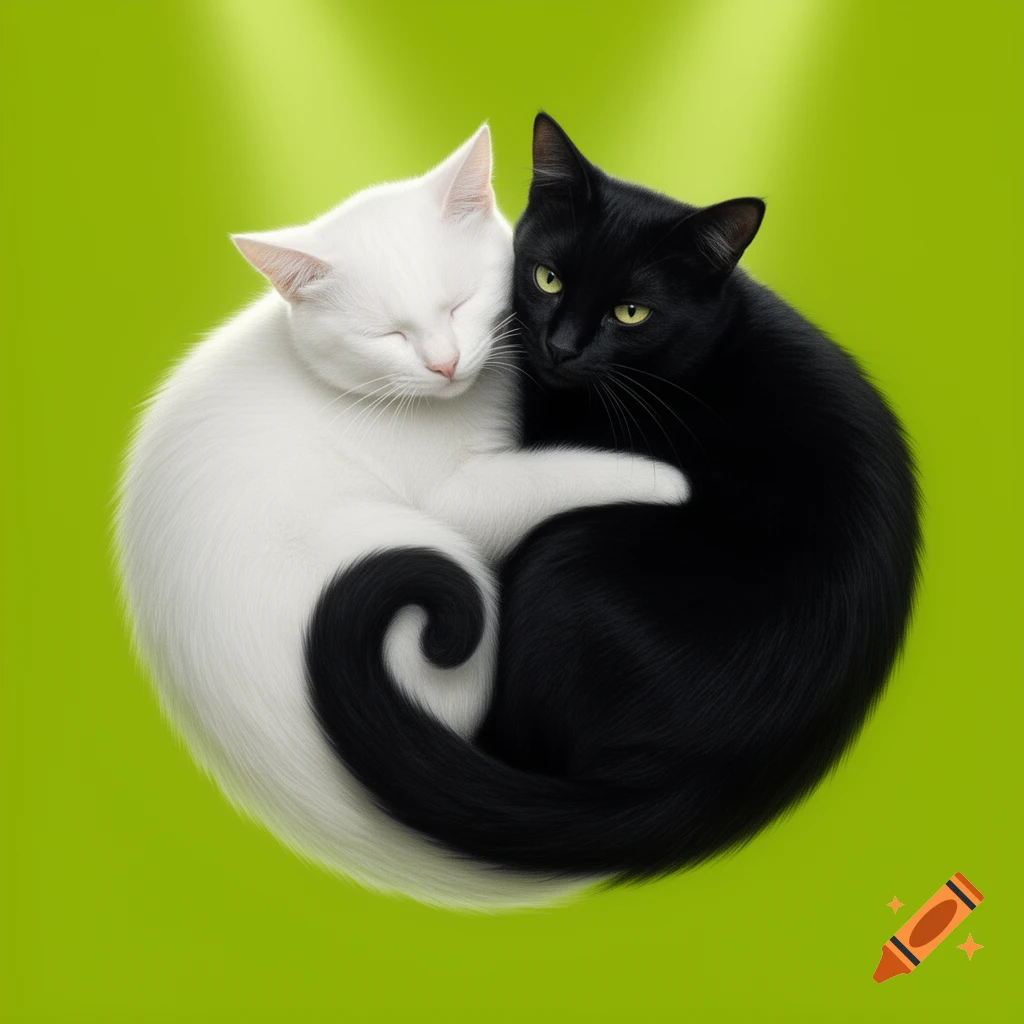 A white cat and a black cat curled together in a yin-yang symbol against a bright green background.