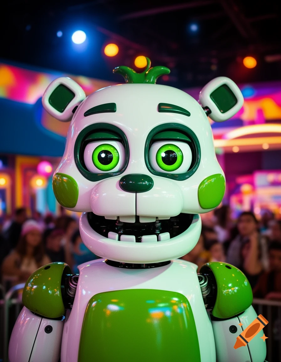 A white and green animatronic bear with large green eyes and an open mouth, set against a blurry, colorful amusement park background.