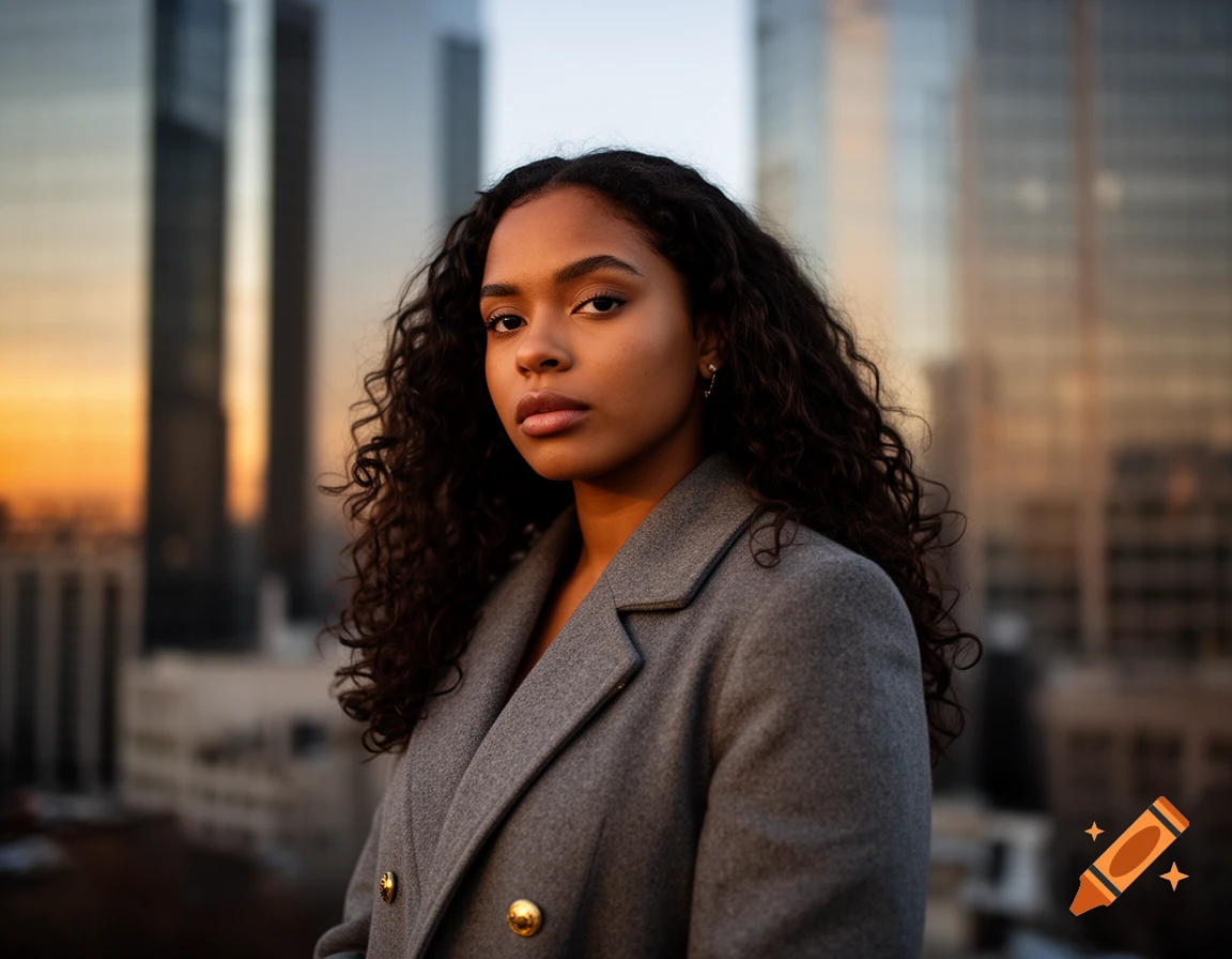 A young woman with curly dark hair and a grey coat stands against a blurred city skyline at sunset.