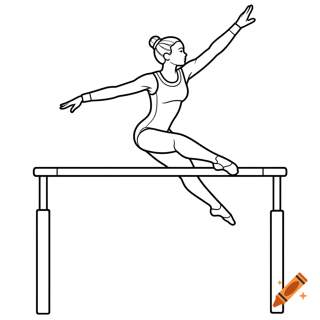 Line art drawing of a female gymnast performing on uneven bars.