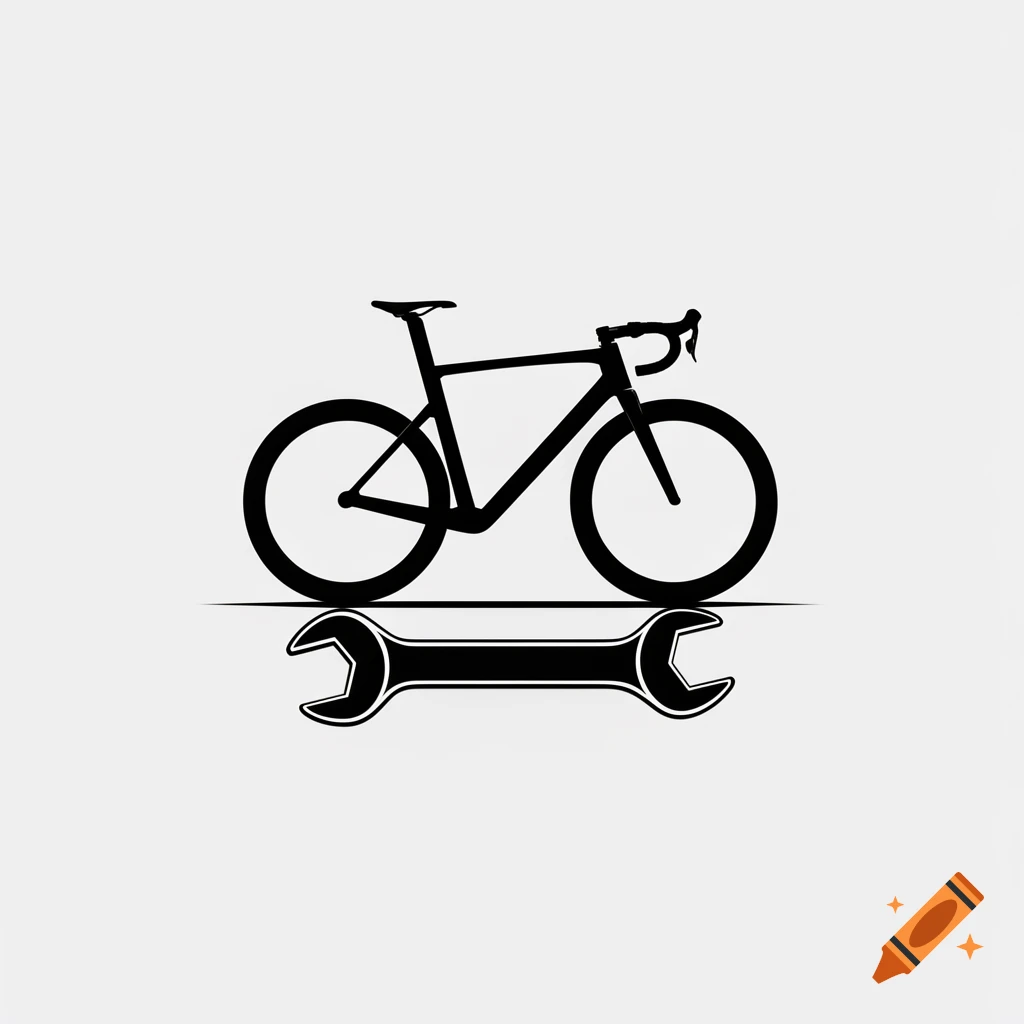Minimalist black silhouette illustration of a racing bicycle above a wrench on a white background.