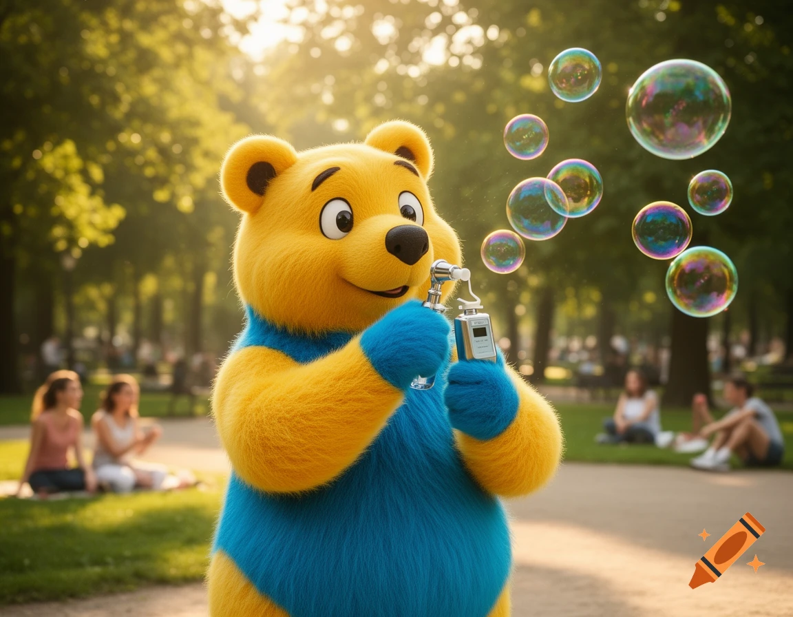 A cheerful yellow and blue bear mascot blows colorful bubbles in a sunny park while holding a device.