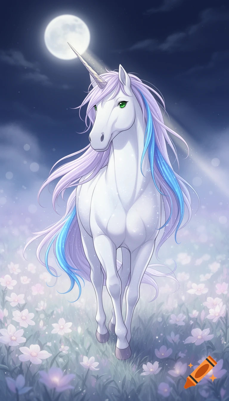 An anime-style white unicorn with a purple and blue mane stands in a field of delicate flowers under a bright full moon.