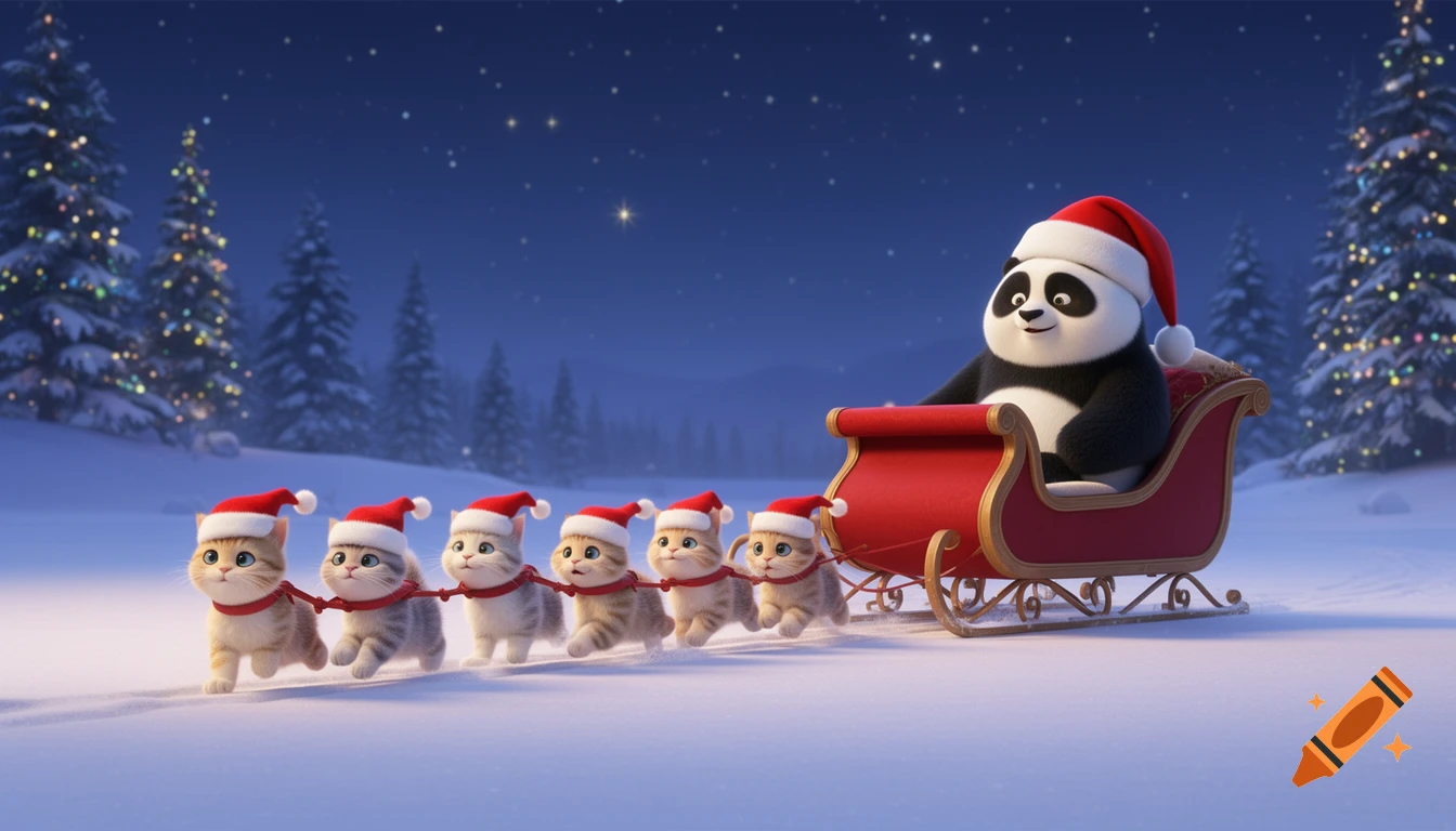 Five cute kittens in Santa hats pull a red sleigh with a panda in a Santa hat through a snowy winter night with decorated pine trees in Pixar 3D style.