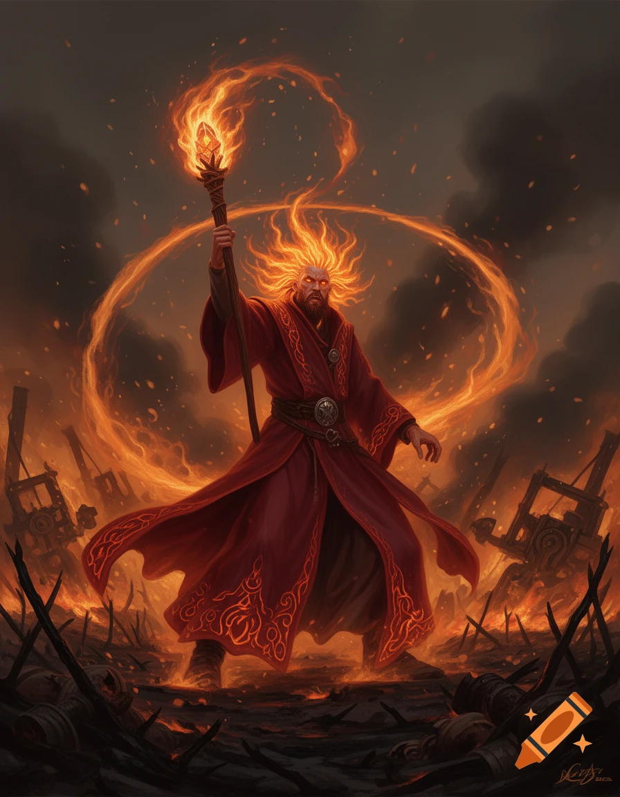 A majestic fire wizard with flaming hair and eyes stands on a scorched battlefield, holding a staff, surrounded by fire. Dark fantasy art.