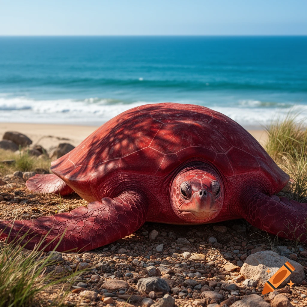 A giant red turtle rests on a sandy beach, with ocean waves and a clear sky in the background.