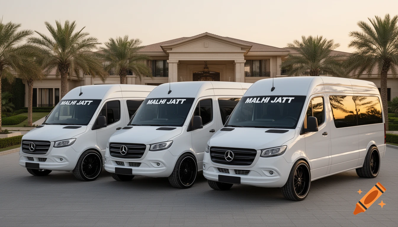 Three white Mercedes-Benz Sprinter vans with "MALHI JATT" on windshields, parked before a luxury villa and palm trees at golden hour.