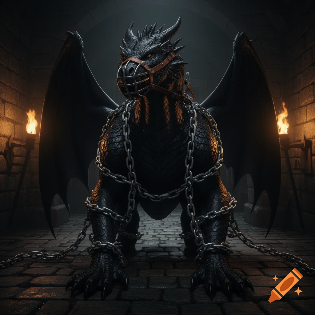A chained and muzzled black dragon with large wings sits in a dark stone dungeon, illuminated by wall torches.