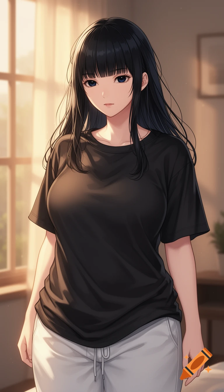 Anime-style portrait of a young woman with long black hair, blue eyes, wearing a black t-shirt and white sweatpants, in soft morning light.
