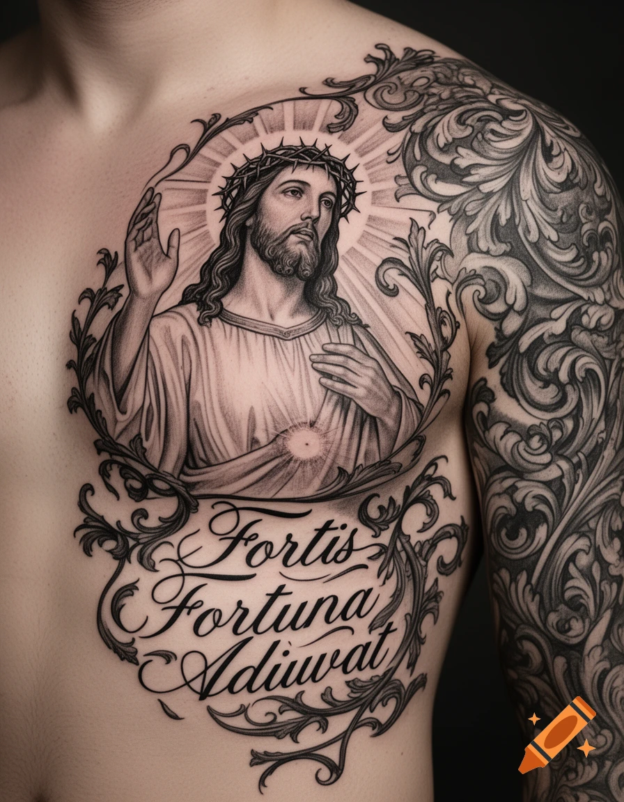Black and gray Jesus Christ chest and arm tattoo with a crown of thorns, halo, ornate scrollwork, and "Fortis Fortuna Adiuwat" text.